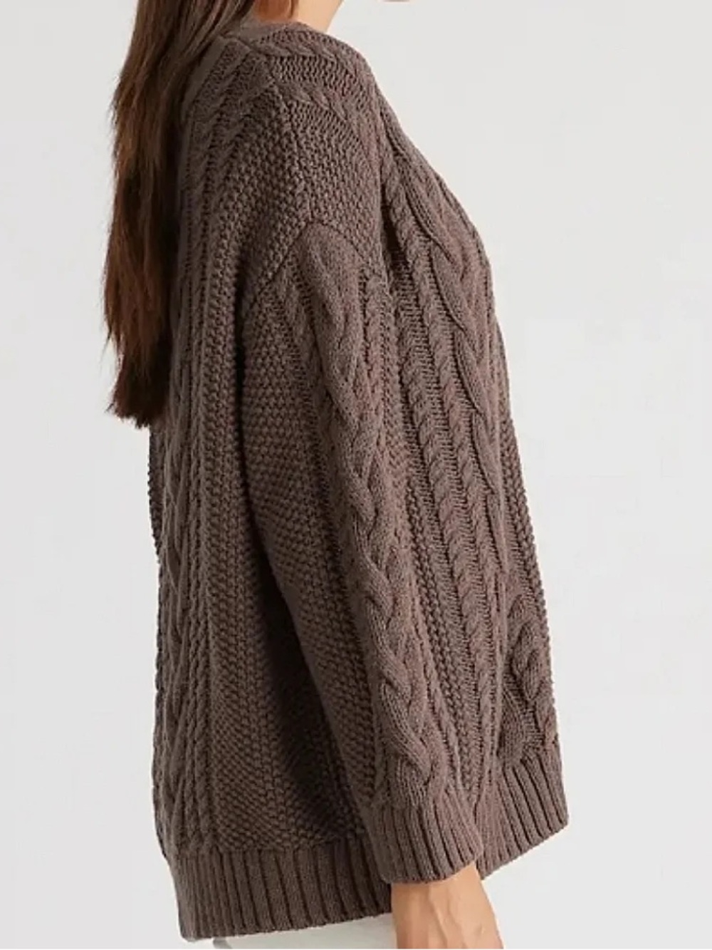 Quince Oversized Cable-Knit Button-Front Cardigan - Brown 100% Organic Cotton - Picture 3 of 7